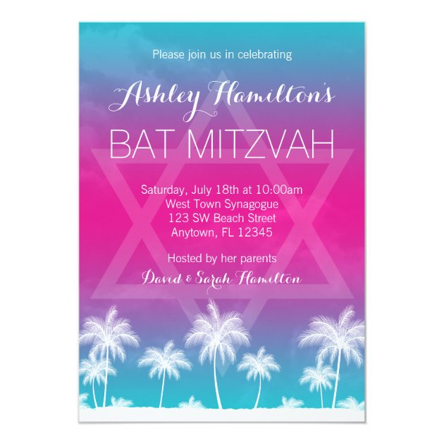 Tropical Teal Blue Pink Bat Mitzvah Invitation
