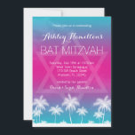 Tropical Teal Blue Pink Bat Mitzvah Invitation<br><div class="desc">A modern tropical themed Bat Mitzvah invitation. Featuring a cool aqua blue and hot pink design with palm trees and a Star of David. Perfect for a luau themed Bat Mitzvah or beach party. Invite size: 5" x 7"</div>