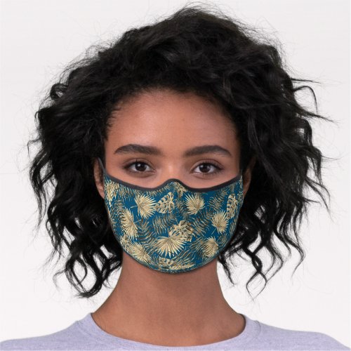 Tropical Teal Blue Taupe Brown Palm Tree Floral Premium Face Mask