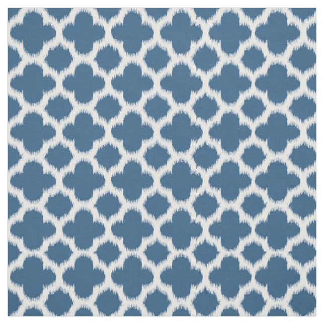 Tropical Teal Blue White Ikat Quatrefoil Pattern Fabric (Swatch)