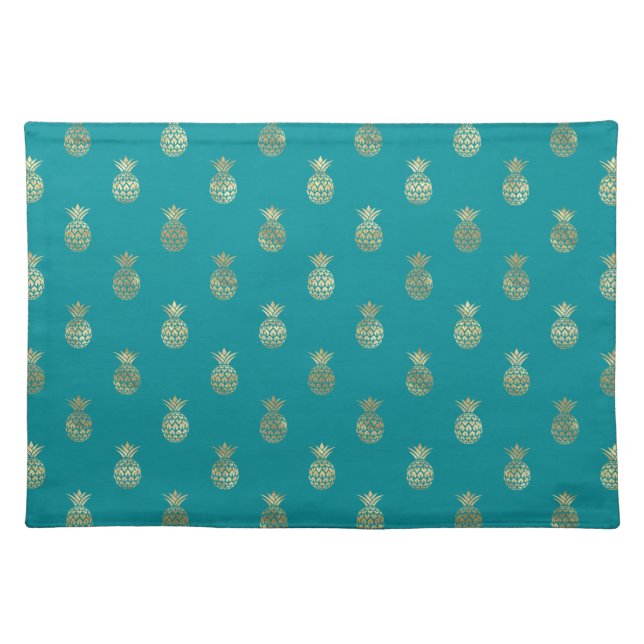 Tropical Teal Faux Gold Pineapple Pattern Cloth Placemat (Front)