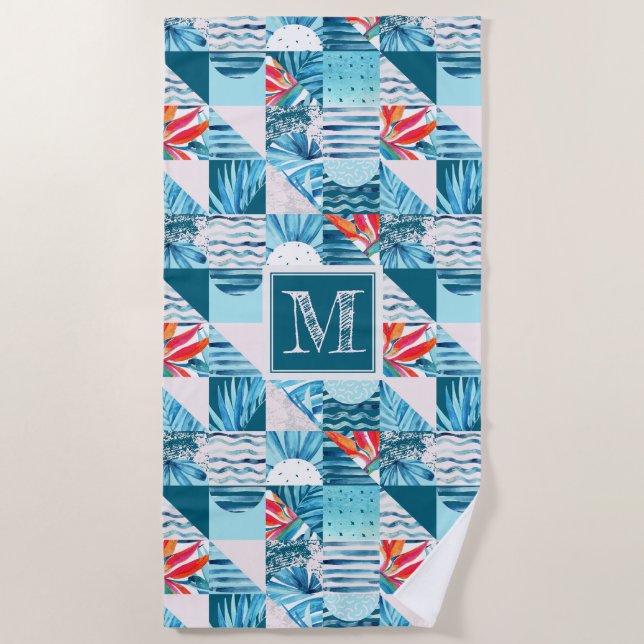 Tropical Teal Geometric Abstract Pattern Beach Towel (Front)