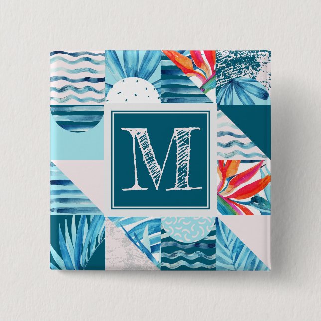 Tropical Teal Geometric Abstract Pattern Button (Front)