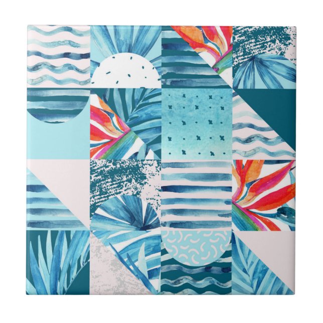 Tropical Teal Geometric Abstract Pattern Ceramic Tile (Front)