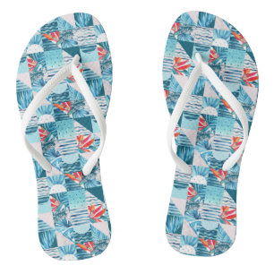 Tropical Teal Geometric Abstract Pattern Flip Flops