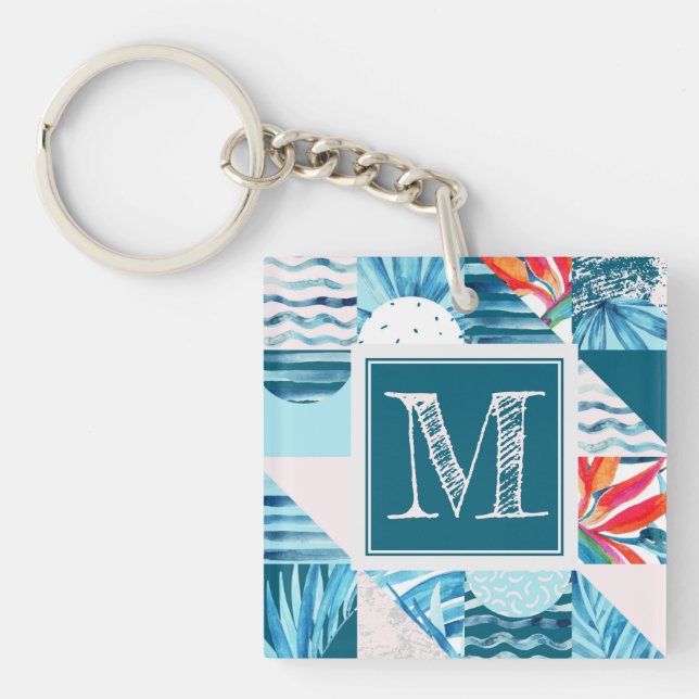 Tropical Teal Geometric Abstract Pattern Keychain (Front)