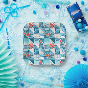 Tropical Teal Geometric Abstract Pattern Paper Plates