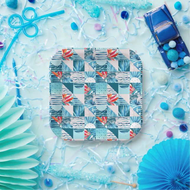 Tropical Teal Geometric Abstract Pattern Paper Plates (Party)