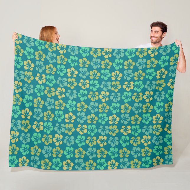 Tropical Teal Hibiscus Flower Pattern Fleece Blanket (In Situ)