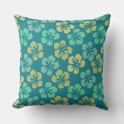 Tropical Teal Hibiscus Flower Pattern Outdoor Pillow