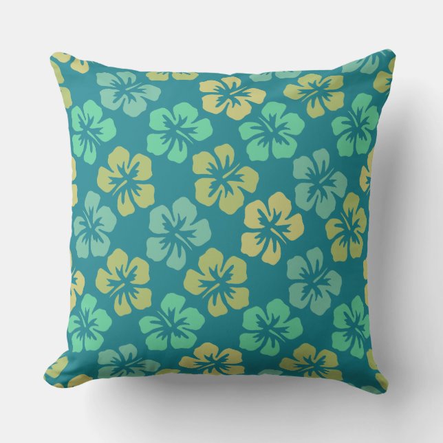 Tropical Teal Hibiscus Flower Pattern Outdoor Pillow (Front)