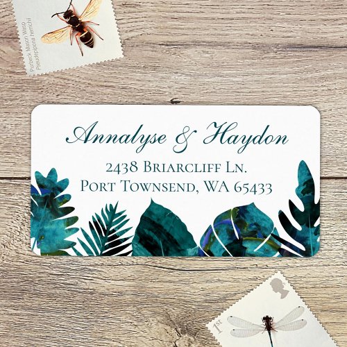 Tropical Teal Island Leaves Wedding Address Label