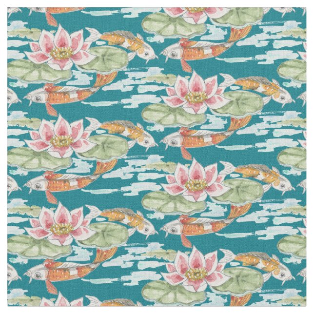 Tropical Teal Koi & Lotus Fish Pond Watercolor Fabric (Close Up)
