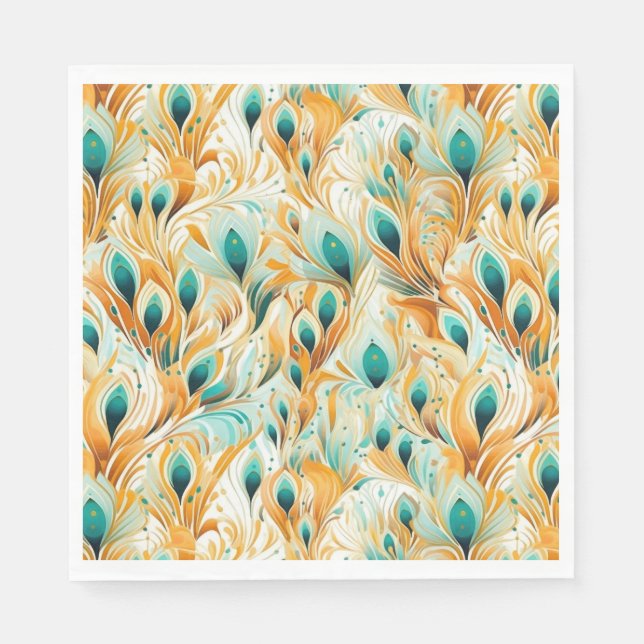 Tropical Teal Mint Orange Peacock Feathers  Napkins (Front)