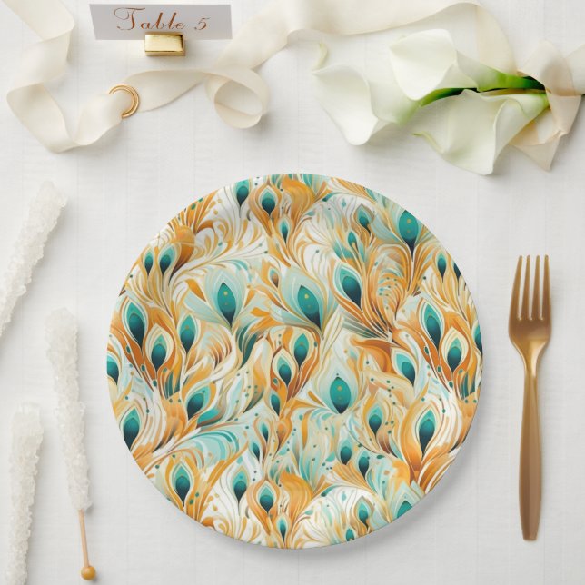 Tropical Teal Mint Orange Peacock Feathers  Paper Plates (Wedding)