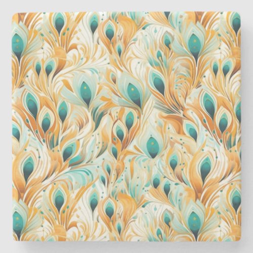 Tropical Teal Mint Orange Peacock Feathers  Stone Coaster