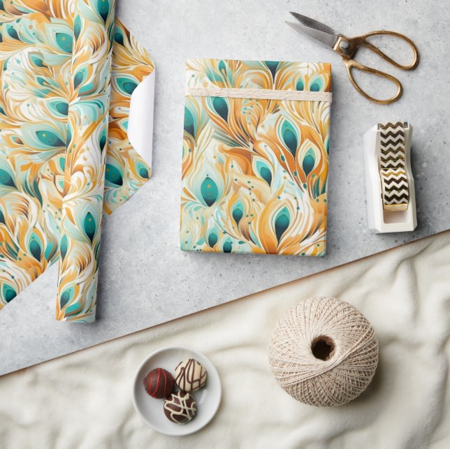 Tropical Teal Mint Orange Peacock Feathers  Wrapping Paper (Crafts)