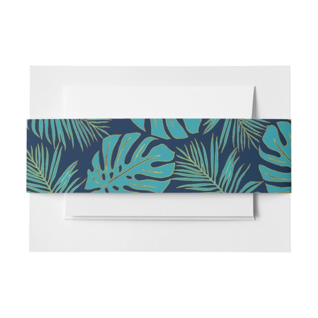 Tropical teal, navy monstera, palm leaves wedding invitation belly band (Front Example)