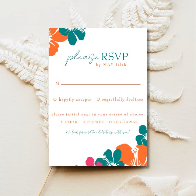 Tropical Teal Orange Pink Hibiscus RSVP Card (Creator Uploaded)