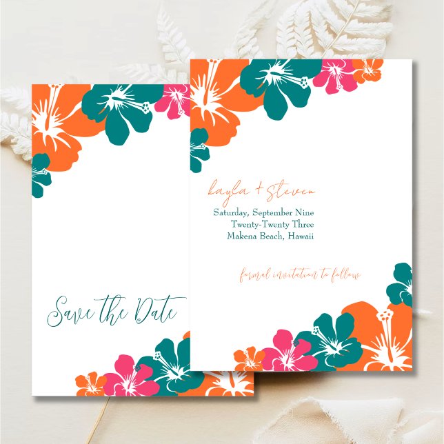 Tropical Teal Orange Pink Hibiscus Save The Date Invitation (Creator Uploaded)