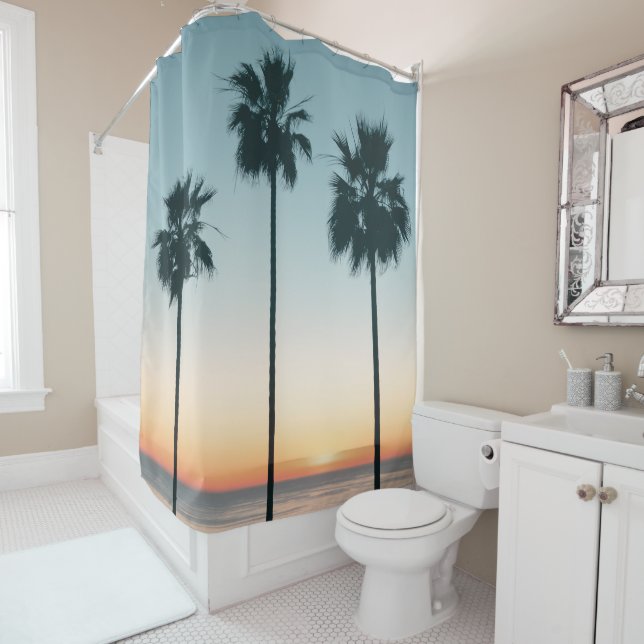 Tropical Teal & Orange Sunset Palm Tree Silhouette Shower Curtain (In Situ)