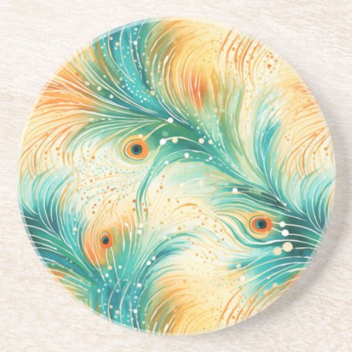 Tropical Teal Peach Orange Peacock Feathers Coaster