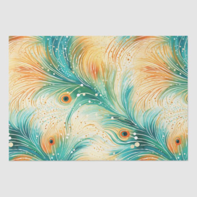 Tropical Teal Peach Orange Peacock Feathers II Tissue Paper (Front)
