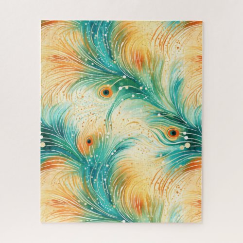 Tropical Teal Peach Orange Peacock Feathers Jigsaw Puzzle