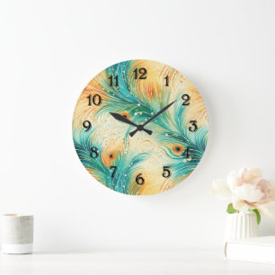 Tropical Teal Peach Orange Peacock Feathers Large Clock