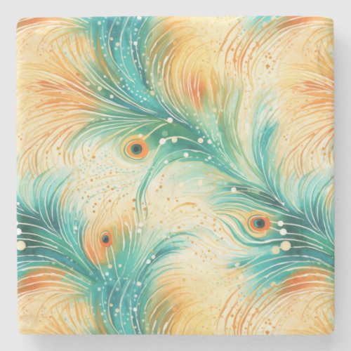 Tropical Teal Peach Orange Peacock Feathers Stone Coaster