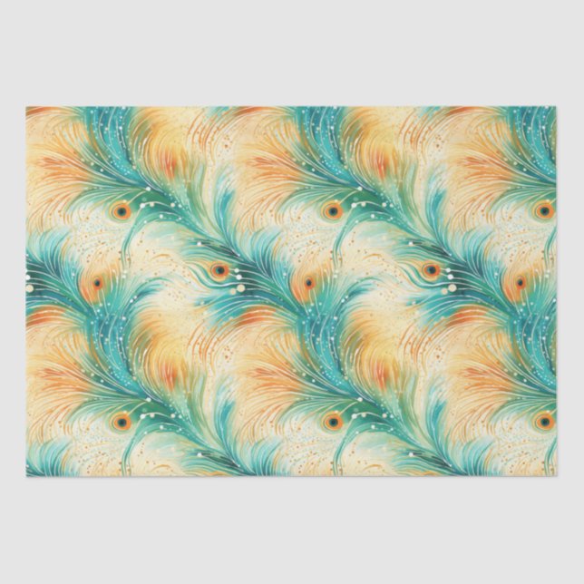 Tropical Teal Peach Orange Peacock Feathers Tissue Paper (Front)