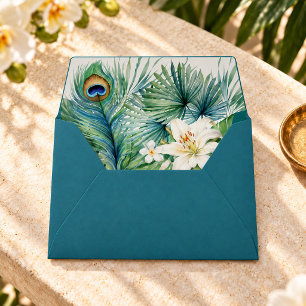 Tropical Teal Peacock Feather Wedding Envelope