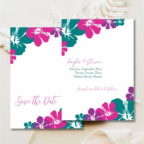 Tropical Teal Pink Purple Hibiscus Save The Date Invitation