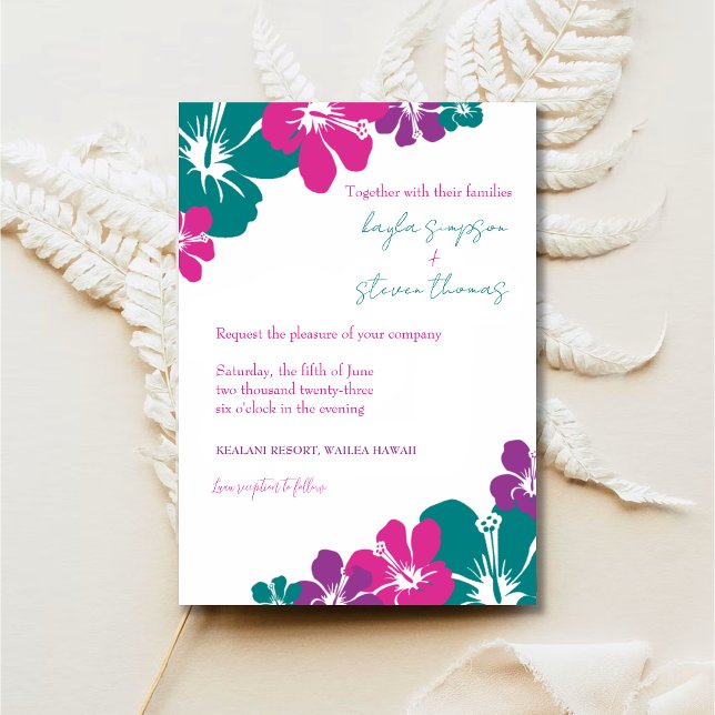 Tropical Teal Pink Purple Hibiscus Wedding Invitation (Creator Uploaded)