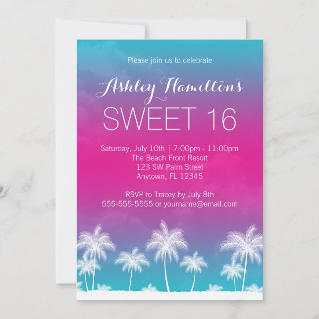 Tropical Teal Pink Sweet 16 Birthday Invitation (Front)