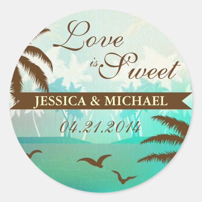 Tropical Teal Scenic Beach Love is Sweet Sticker (Front)