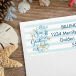 Tropical Teal SEAsons GREETINGS Starfish Label<br><div class="desc">A tropical twist on "Season's Greetings" with the words "Seas AND Greetings" featuring a tropical or beach look and feel to your Christmas holiday mail. The modern, elegant scroll script typography in a gorgeous turquoise ocean watercolor and is surrounded by starfish. Your return address in a deep blue color stands...</div>