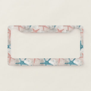 Tropical Teal Starfish Peach Sand Speckled Print License Plate Frame