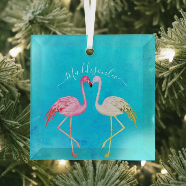 Tropical teal watercolor Monogram  Pink Flamingo   Glass Ornament (Insitu)