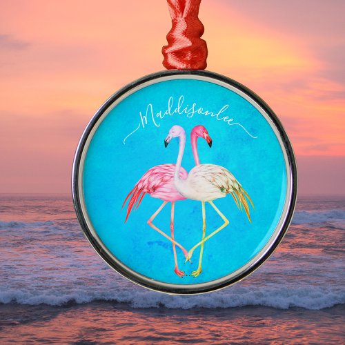 Tropical teal watercolor Monogram  Pink Flamingo Metal Ornament