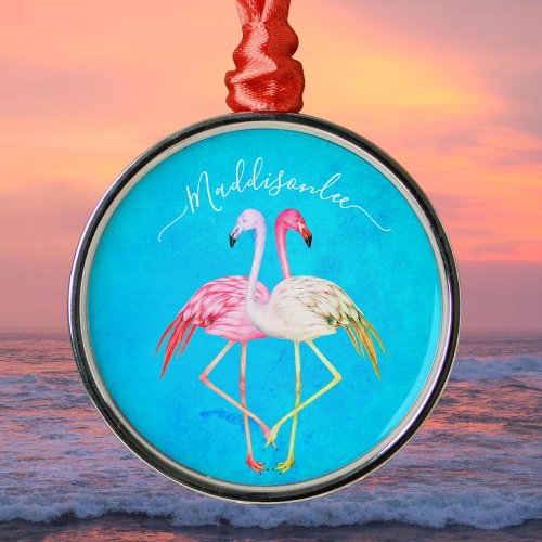 Tropical teal watercolor Monogram  Pink Flamingo Metal Ornament