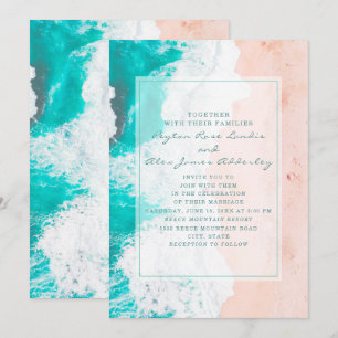 Tropical Teal White Brown Ocean Beach Wedding Invitation