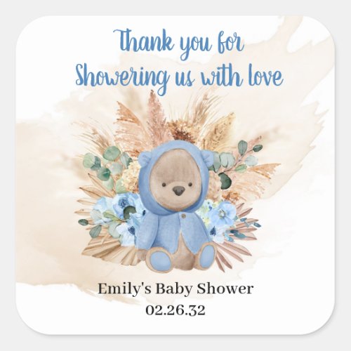 Tropical teddy bear pampas grass blue flowers baby square sticker