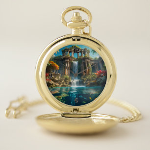 Tropical Temple Waterfall Lake of Fish Pocket Watch