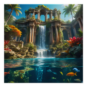 Tropical Temple Waterfall Lake of Fish Poster