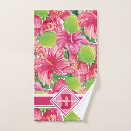 Tropical tennis with hibiscus  with name Hand Towel