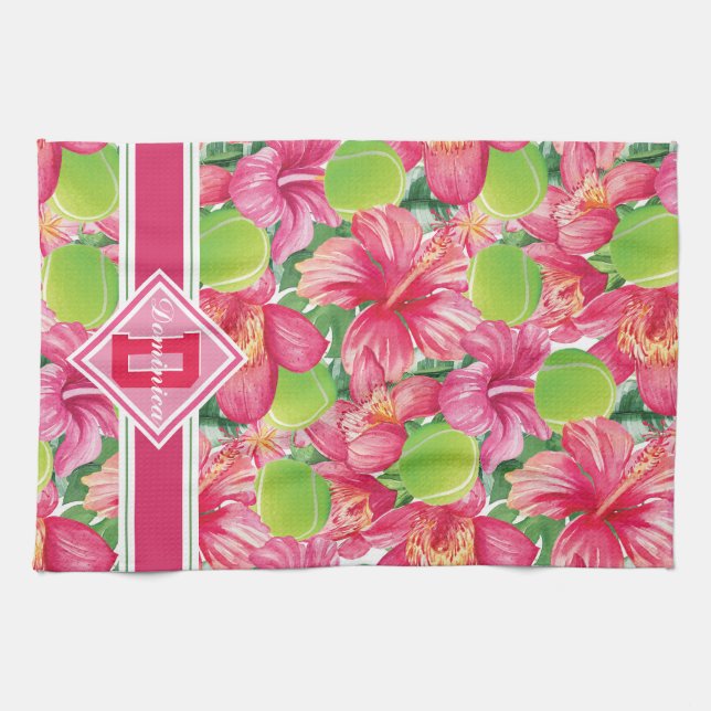 🌺🌴Tropical tennis with hibiscus,  with name  Kitchen Towel (Horizontal)