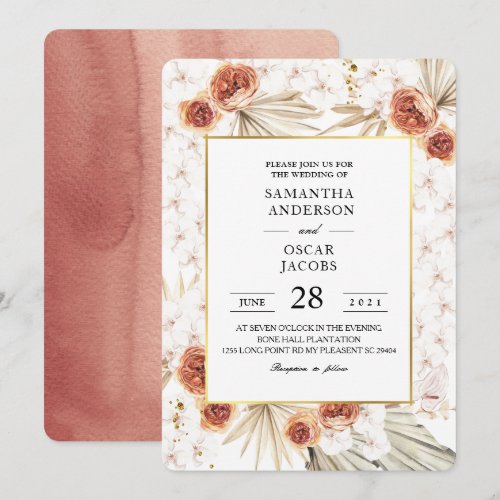 Tropical Terracotta Dried Palm Leaf & Flower Frame Invitation
