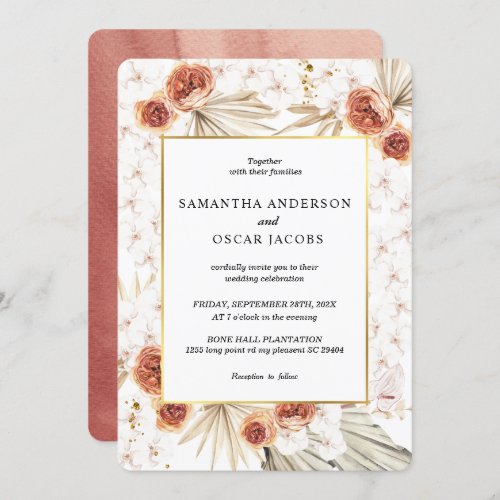 Tropical Terracotta Dried Palm Leaf  Flower Frame Invitation