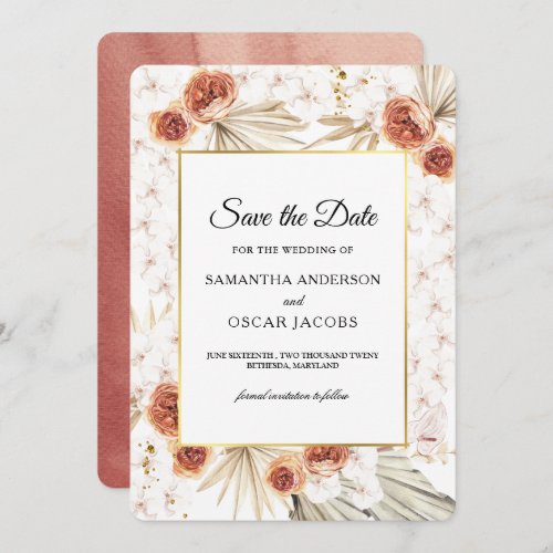 Tropical Terracotta Dried Palm Leaf  Flower Frame Save The Date